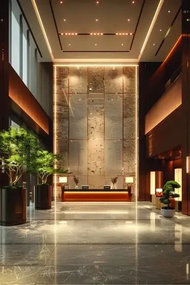 Double-height entrance lobby with stone feature wall