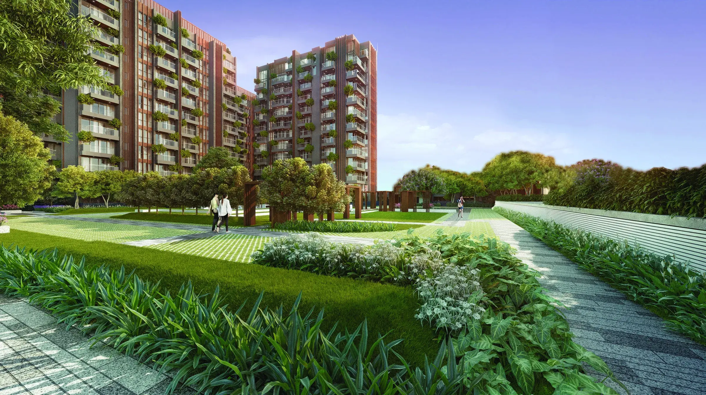 9PBR towers rising behind the landscaped podium gardens