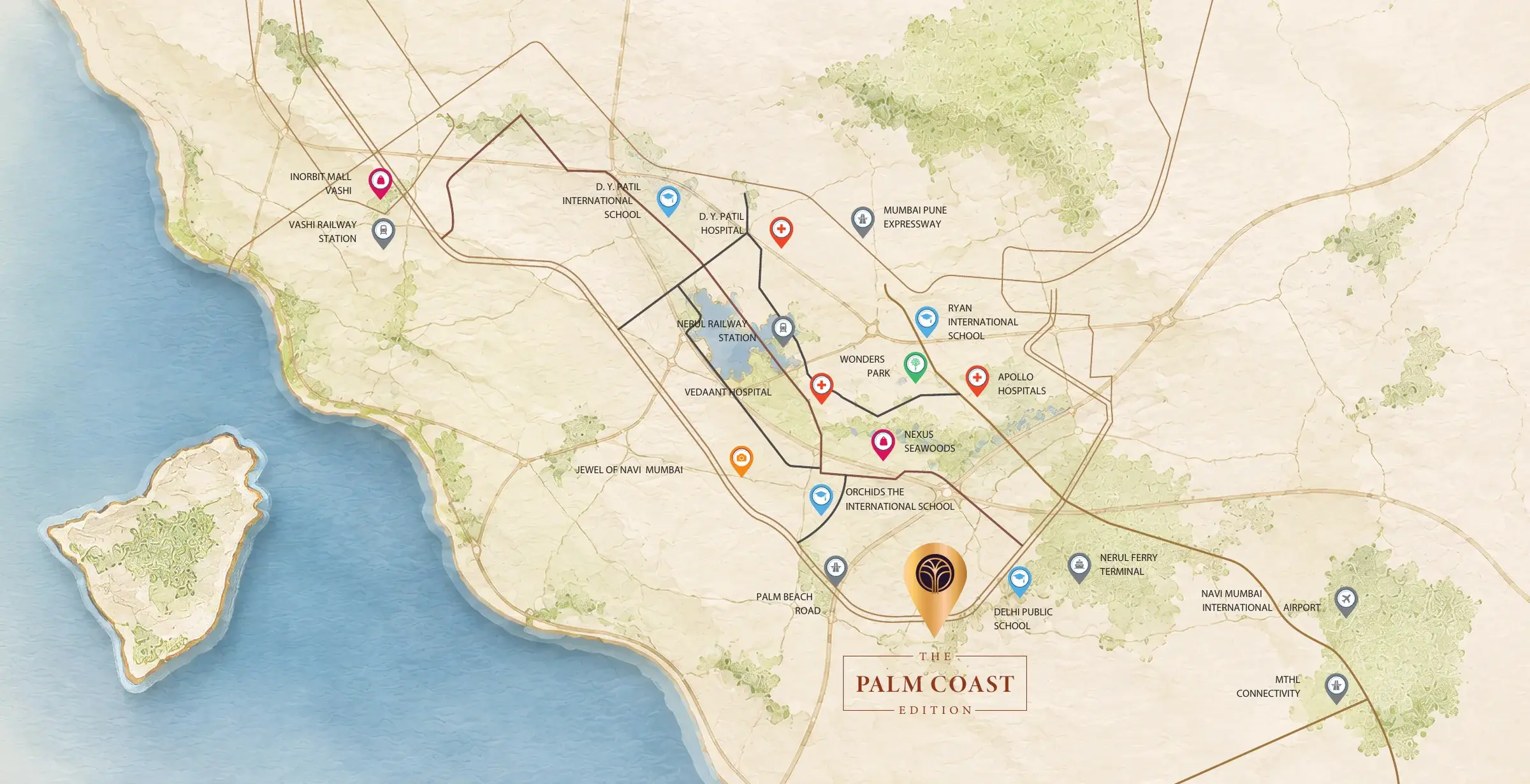 Illustrated map of Navi Mumbai showing 9PBR on Palm Beach Road and nearby landmarks