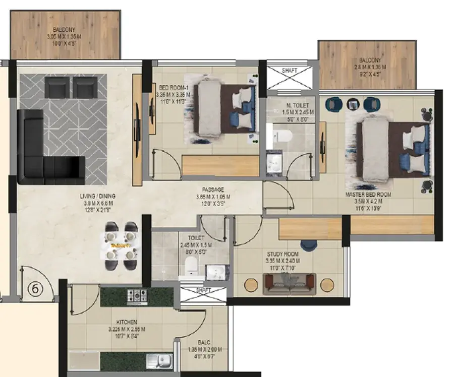 Partial preview of a typical 2.5 BHK layout in Tower B1